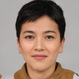 Joyful asian young-adult female with short  brown hair and brown eyes