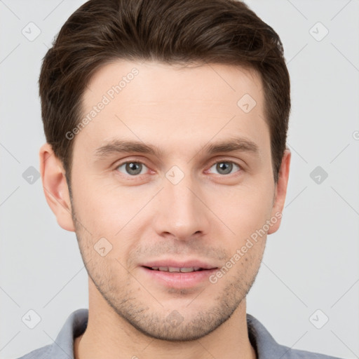 Neutral white young-adult male with short  brown hair and brown eyes