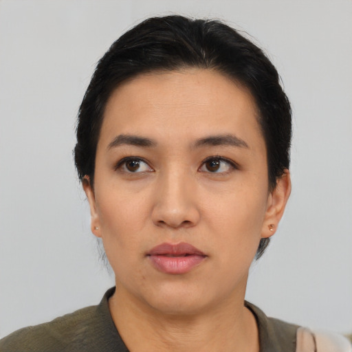 Neutral asian young-adult female with short  black hair and brown eyes