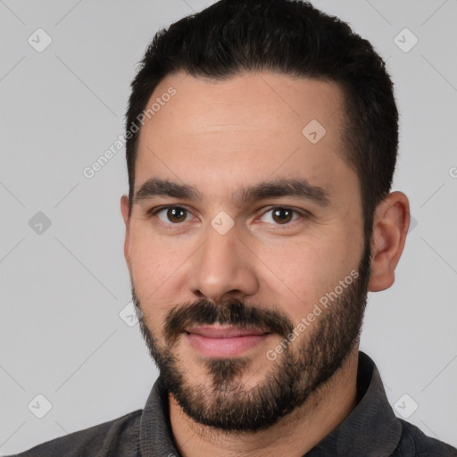 Neutral white young-adult male with short  black hair and brown eyes