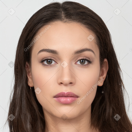 Neutral white young-adult female with long  brown hair and brown eyes