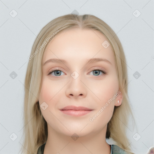 Neutral white young-adult female with long  brown hair and blue eyes