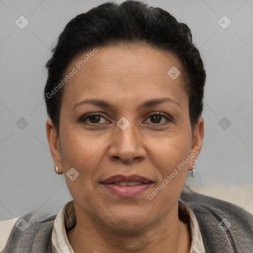 Joyful black adult female with short  brown hair and brown eyes