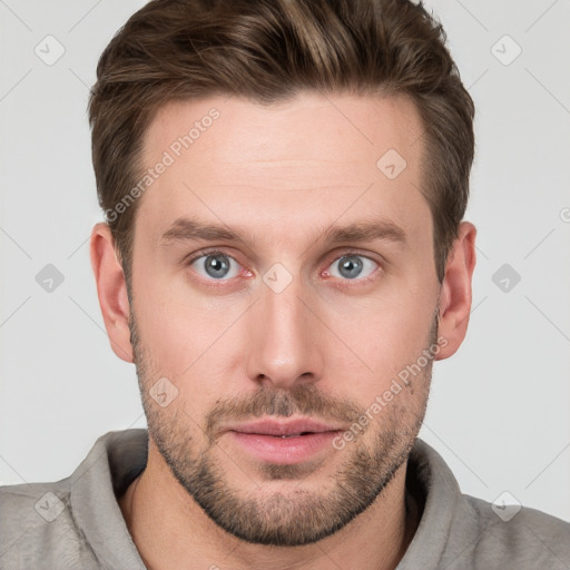 Neutral white young-adult male with short  brown hair and grey eyes