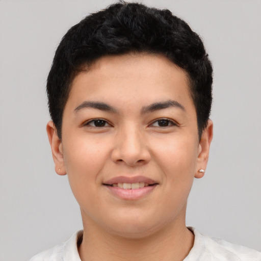 Joyful asian young-adult female with short  black hair and brown eyes
