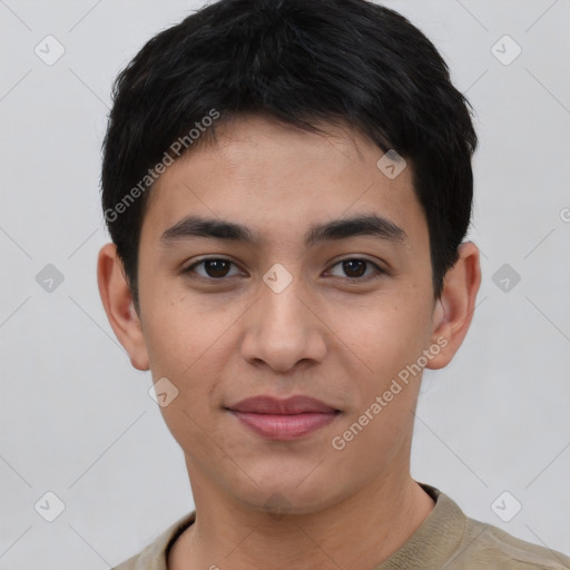 Joyful asian young-adult male with short  black hair and brown eyes