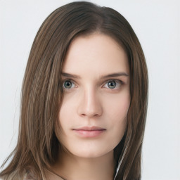 Neutral white young-adult female with long  brown hair and grey eyes