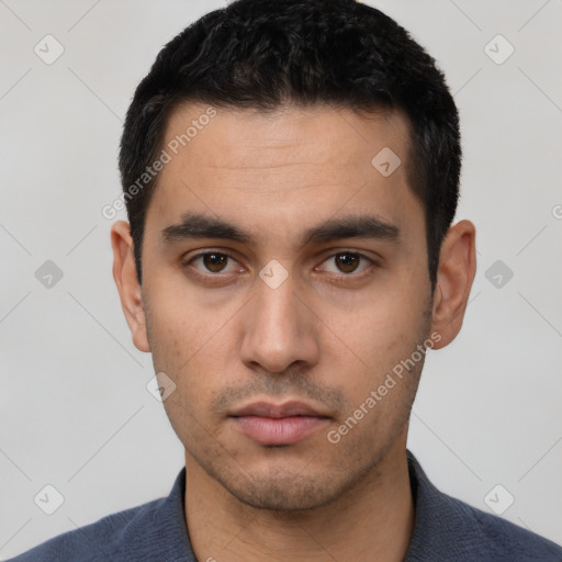 Neutral latino young-adult male with short  black hair and brown eyes