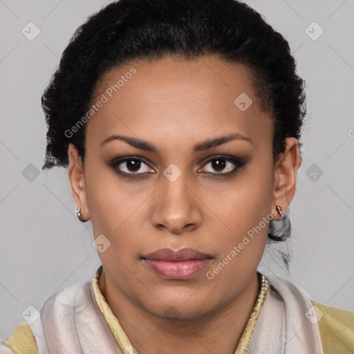 Neutral latino young-adult female with short  black hair and brown eyes