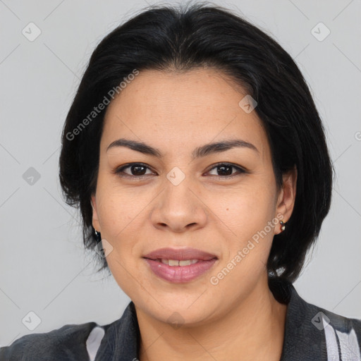 Joyful asian young-adult female with medium  black hair and brown eyes