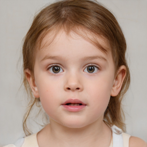 Neutral white child female with medium  brown hair and blue eyes