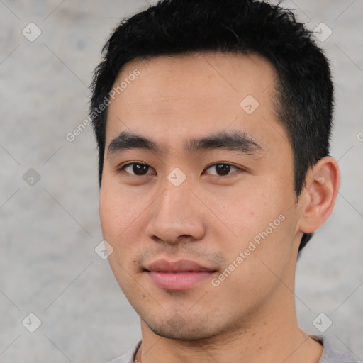 Neutral asian young-adult male with short  black hair and brown eyes