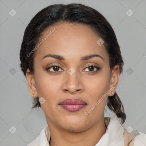 Joyful latino young-adult female with medium  brown hair and brown eyes