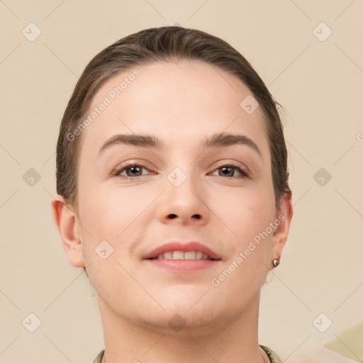 Neutral white young-adult female with short  brown hair and brown eyes