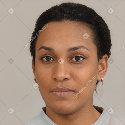 Neutral black young-adult female with short  black hair and brown eyes