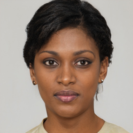 Neutral black young-adult female with short  black hair and brown eyes