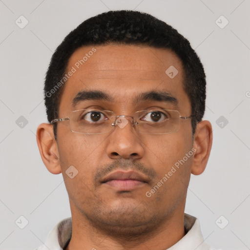 Neutral latino young-adult male with short  brown hair and brown eyes