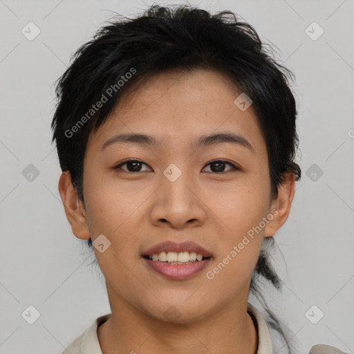 Joyful asian young-adult female with short  brown hair and brown eyes