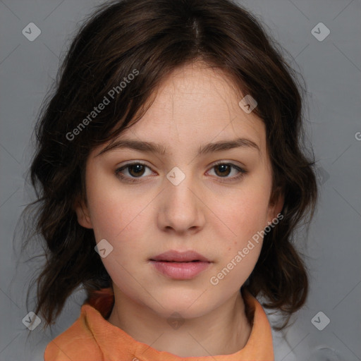 Neutral white young-adult female with medium  brown hair and brown eyes