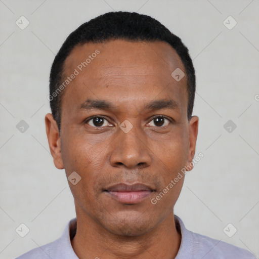 Neutral black young-adult male with short  black hair and brown eyes