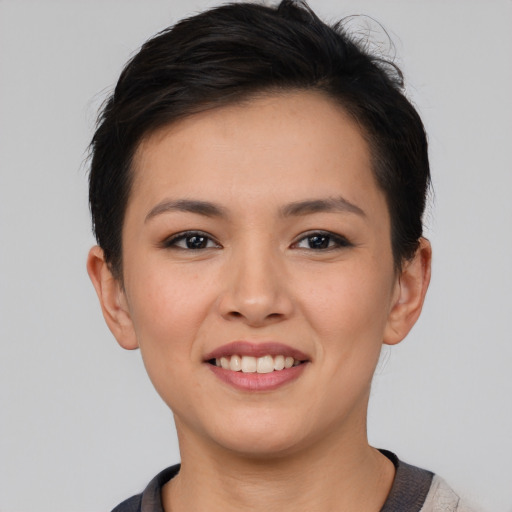 Joyful asian young-adult female with short  brown hair and brown eyes