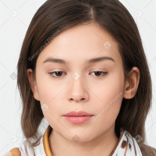 Neutral white young-adult female with medium  brown hair and brown eyes