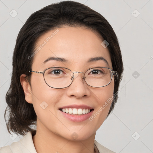 Joyful white adult female with medium  brown hair and brown eyes