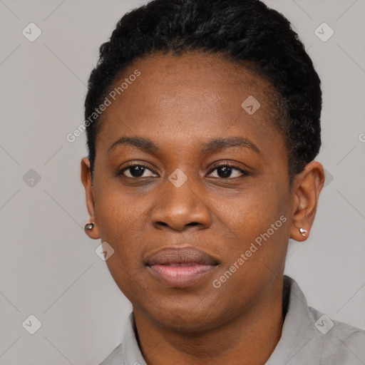 Neutral black young-adult female with short  black hair and brown eyes