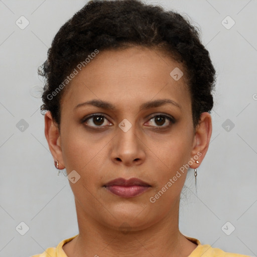 Neutral latino young-adult female with short  brown hair and brown eyes