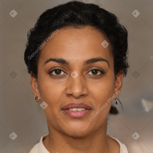 Joyful latino young-adult female with short  brown hair and brown eyes