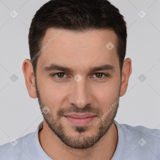 Joyful white young-adult male with short  brown hair and brown eyes