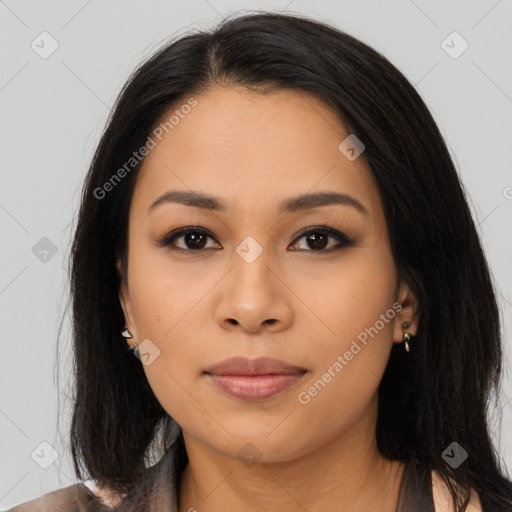 Joyful asian young-adult female with long  brown hair and brown eyes