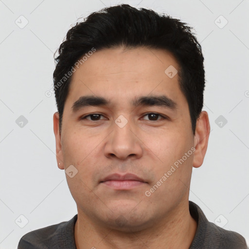 Neutral asian young-adult male with short  black hair and brown eyes
