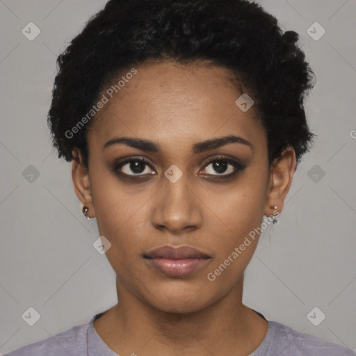 Neutral black young-adult female with short  black hair and brown eyes