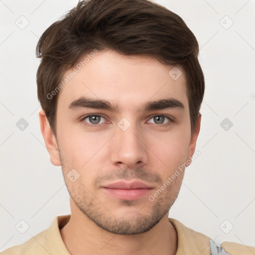 Neutral white young-adult male with short  brown hair and brown eyes