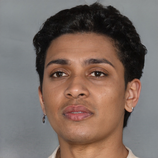 Neutral black young-adult male with short  black hair and brown eyes