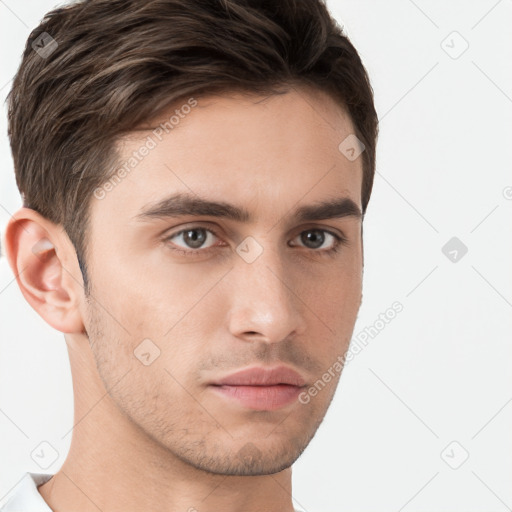 Neutral white young-adult male with short  brown hair and brown eyes