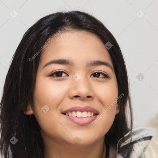 Joyful latino young-adult female with long  black hair and brown eyes