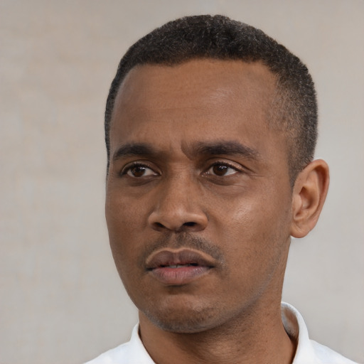 Neutral black young-adult male with short  black hair and brown eyes