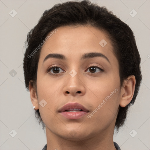 Neutral asian young-adult female with short  brown hair and brown eyes