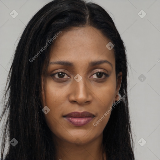 Joyful asian young-adult female with long  brown hair and brown eyes