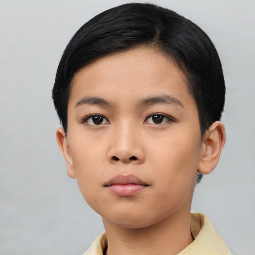 Neutral asian young-adult female with short  black hair and brown eyes