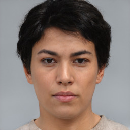 Neutral asian young-adult female with short  brown hair and brown eyes