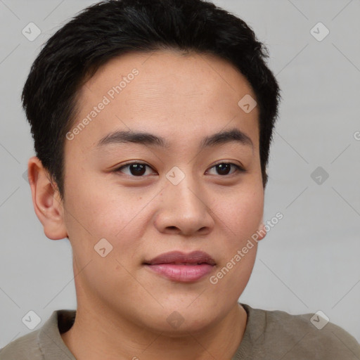 Joyful asian young-adult female with short  brown hair and brown eyes