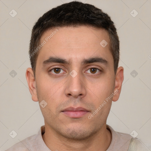 Neutral white young-adult male with short  brown hair and brown eyes