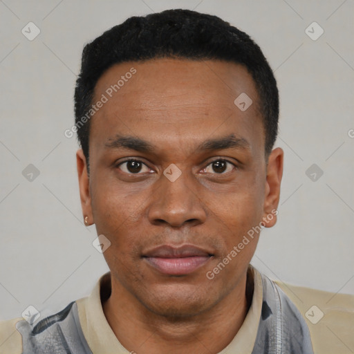 Neutral black young-adult male with short  black hair and brown eyes