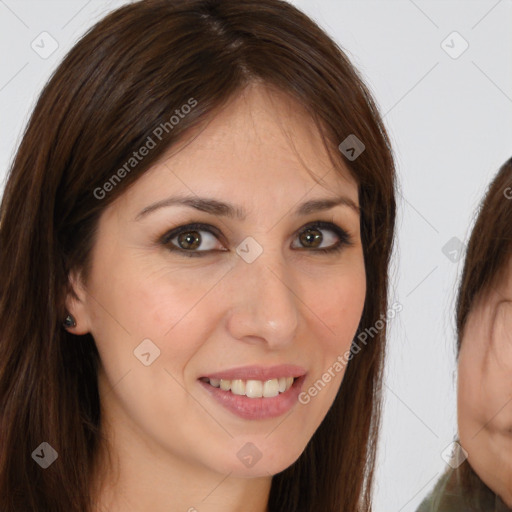 Joyful white young-adult female with long  brown hair and brown eyes