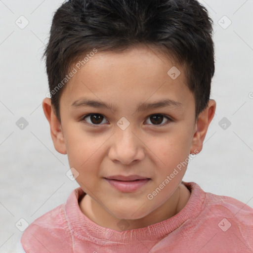 Joyful white child male with short  brown hair and brown eyes