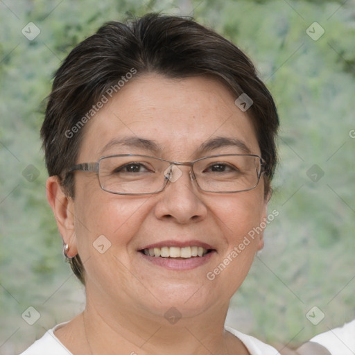 Joyful white adult female with short  brown hair and brown eyes