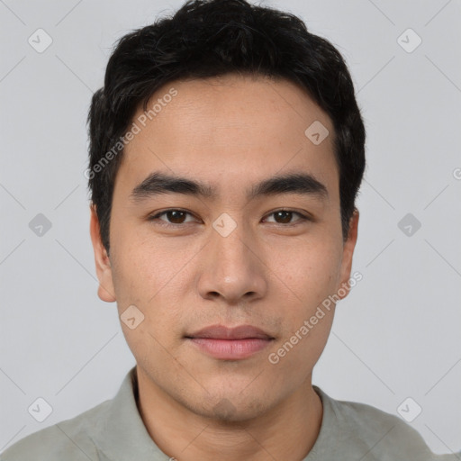 Neutral asian young-adult male with short  black hair and brown eyes